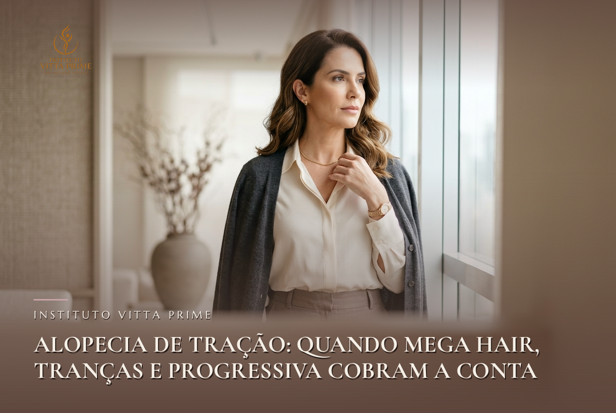 Alopecia de Tração: Quando Mega Hair, Tranças e Progressiva Cobram a Conta. Ilustração editorial do Instituto Vitta Prime, tricologia em Manaus