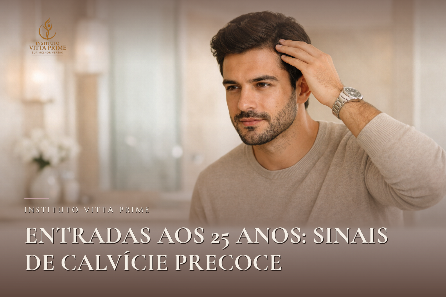 Entradas aos 25 anos: sinais de calvície precoce. Ilustração editorial do Instituto Vitta Prime, tricologia em Manaus