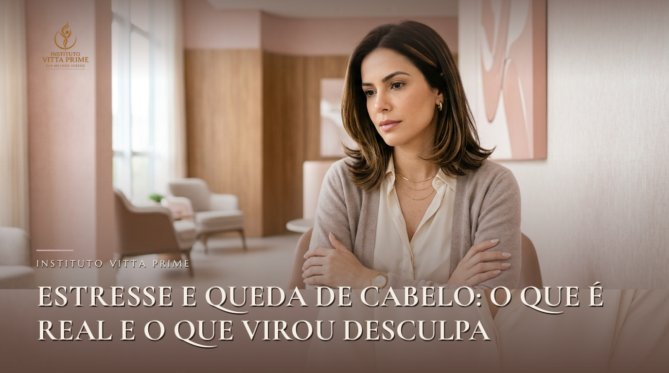 Estresse e Queda de Cabelo: O Que É Real e O Que Virou Desculpa. Ilustração editorial do Instituto Vitta Prime, tricologia em Manaus