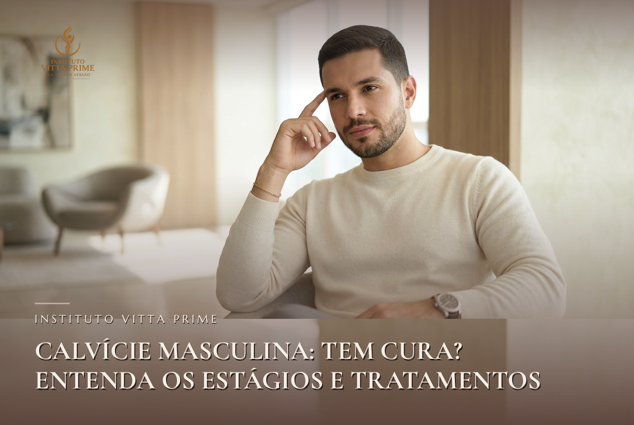 Calvície Masculina: Tem Cura? Entenda os Estágios e Tratamentos. Ilustração editorial do Instituto Vitta Prime, tricologia em Manaus