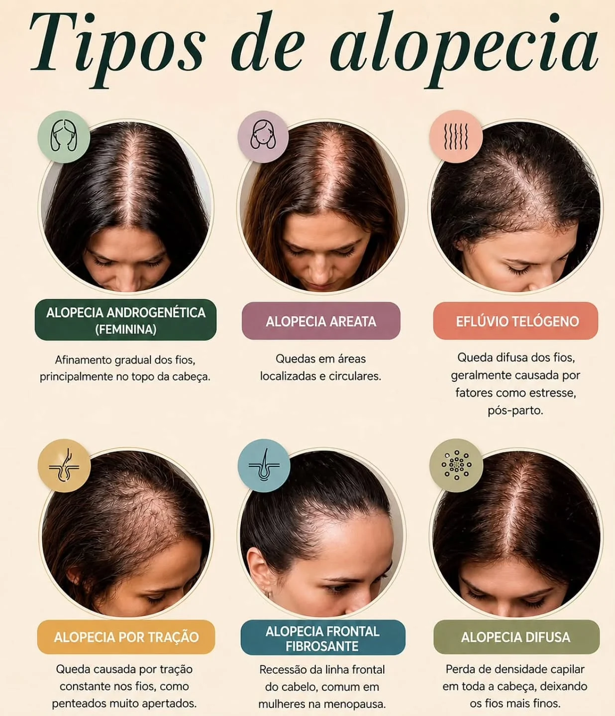Quadro com seis tipos de alopecia feminina em vista superior do couro cabeludo: androgenética, areata, eflúvio telógeno, por tração, frontal fibrosante e difusa, cada uma com sua descrição