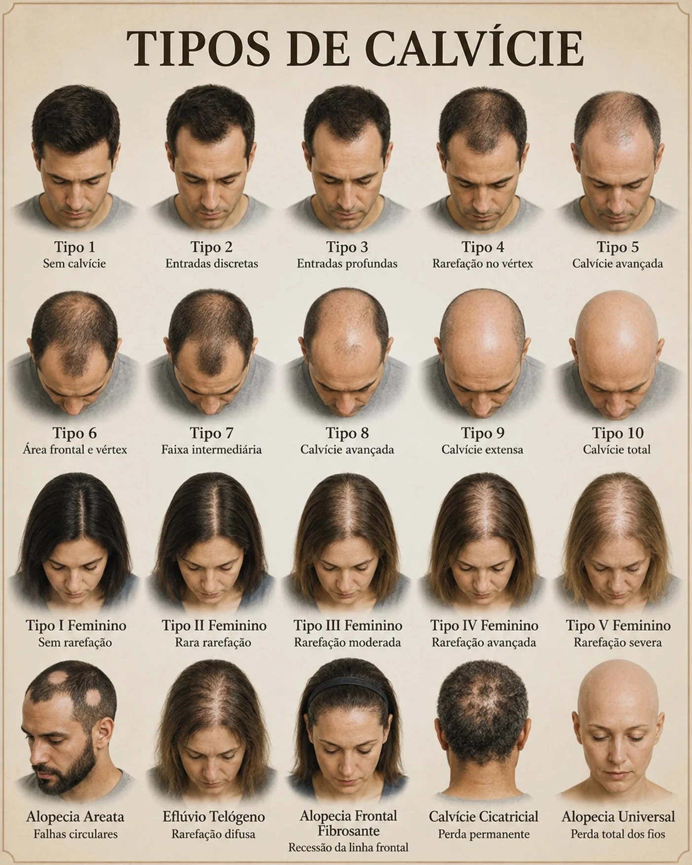 Quadro de classificação dos tipos de calvície: dez estágios masculinos, cinco graus femininos e os quadros de alopecia areata, eflúvio telógeno, alopecia frontal fibrosante, calvície cicatricial e alopecia universal